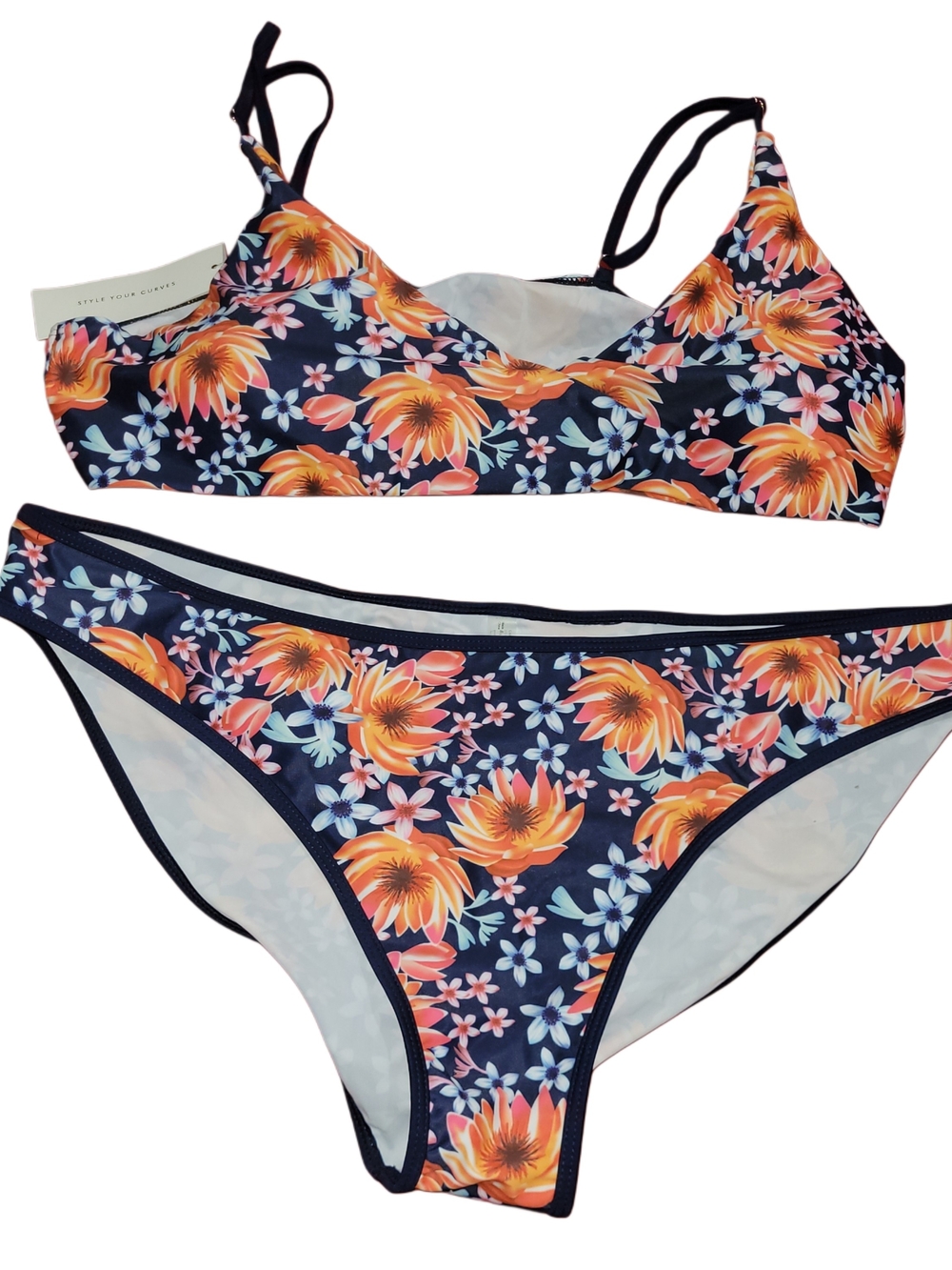 Rosegal Floral Two-Piece Bikini Set — Navy with Orange & Blue Flowers Size 4X